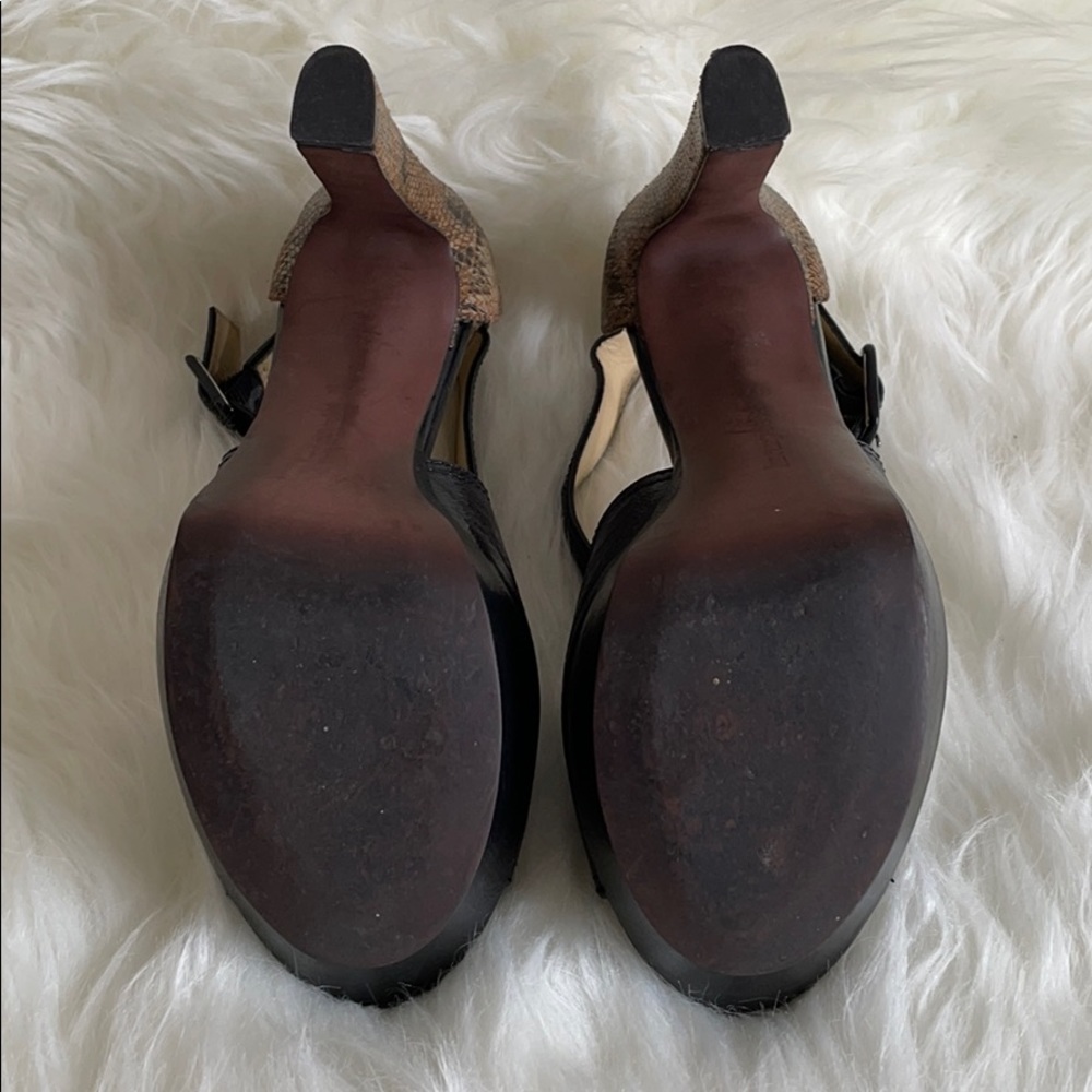 Black Tan Python Leather Platform Strap Heels Sz 7 - image 6